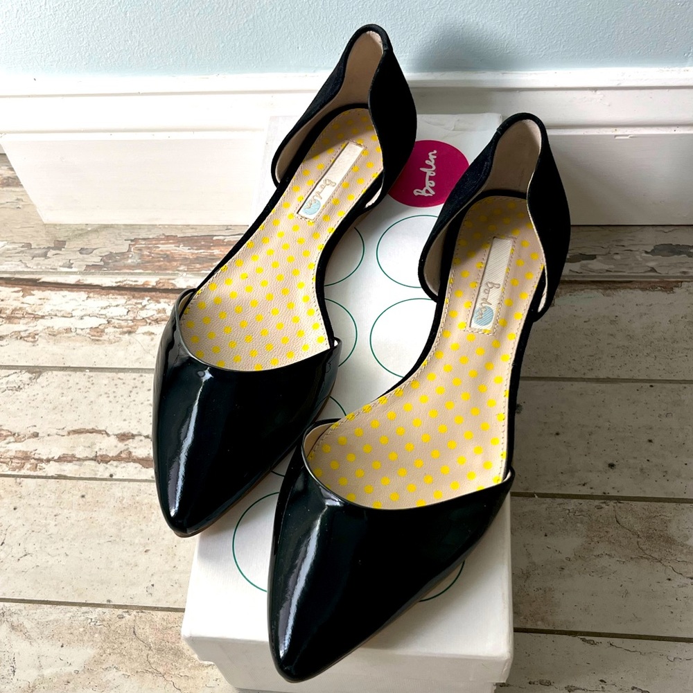 BODEN NEW Black Patent & Suede Flats size 39.5 (9) polka dot insole